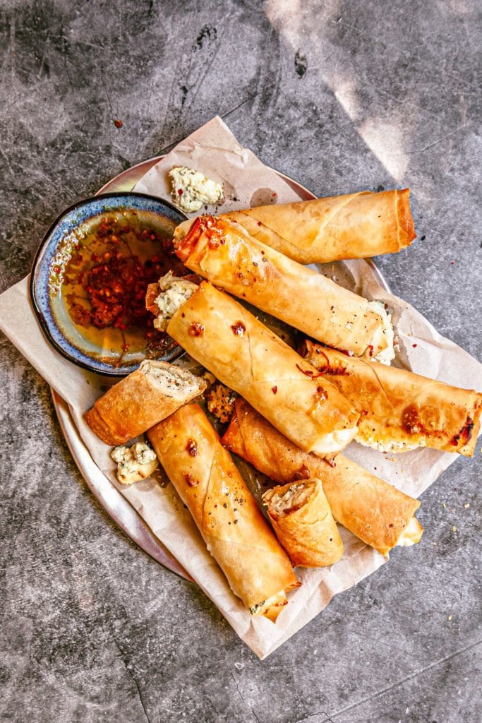 Phyllo Feta Rolls with Honey Chili Dip